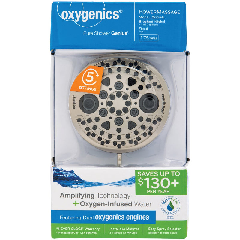 Oxygenics PowerMassage 5-Spray 1.75 GPM Fixed Shower Head, Brushed Nickel