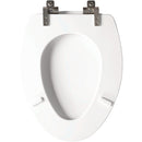 Mayfair Benton Elongated White Enameled Wood Toilet Seat with Slow Close Brushed Nickel Metal Hinge