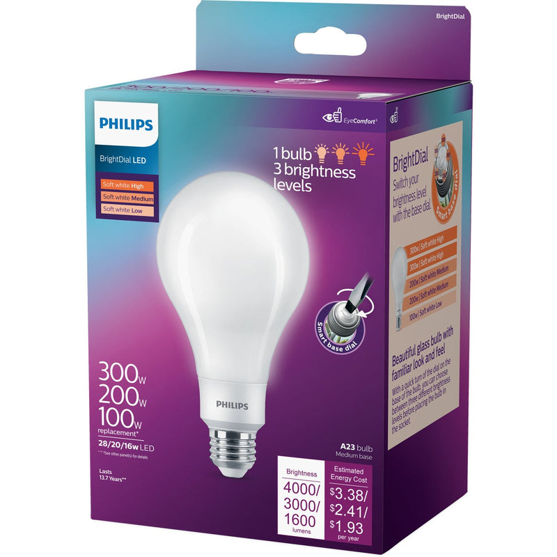 Philips BrightDial 300/200/100W Equivalent Soft White A23 Medium LED Light Bulb
