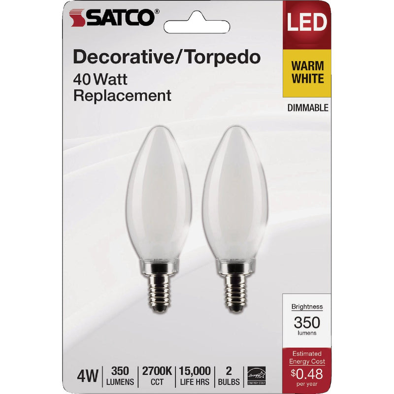 Satco 40W Equivalent Warm White B11 Candelabra Traditional Frosted LED Decorative Light Bulb (2-Pack)