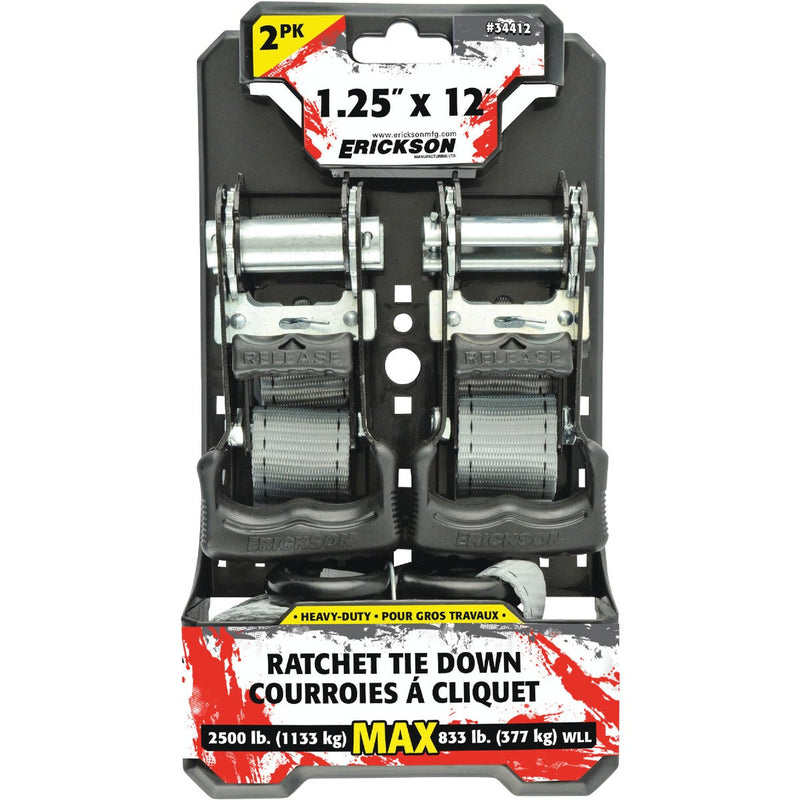Erickson 1-1/4 In. x 12 Ft. 833 Lb. Long Handle Heavy-Duty Ratchet Strap (2-Pack)