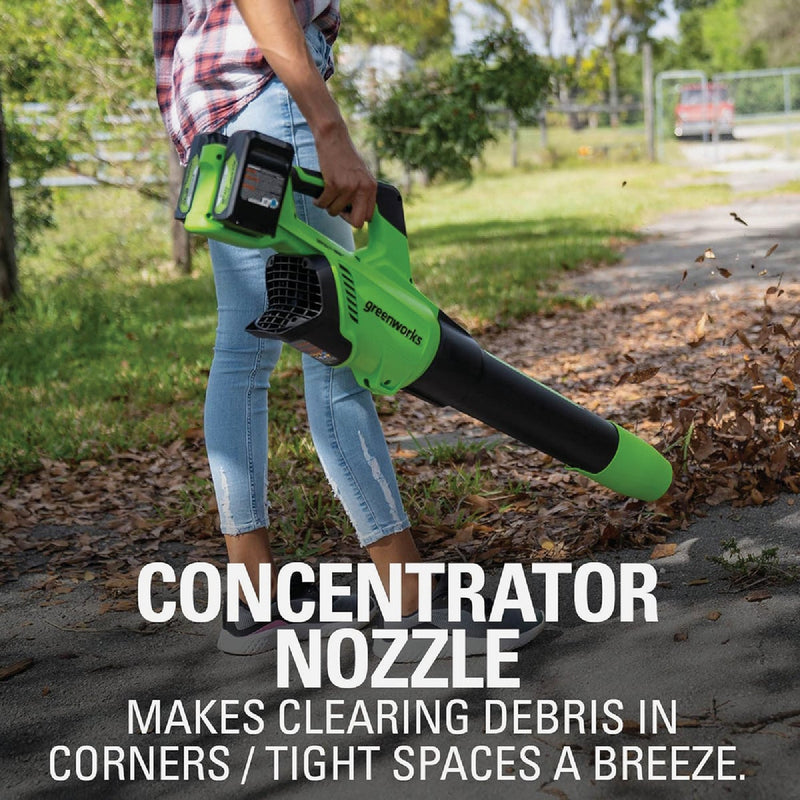 Greenworks 24V (2 x 24V) 585 CFM 140 MPH Axial Leaf Blower with (2) 4.0 Ah Batteries & Charger