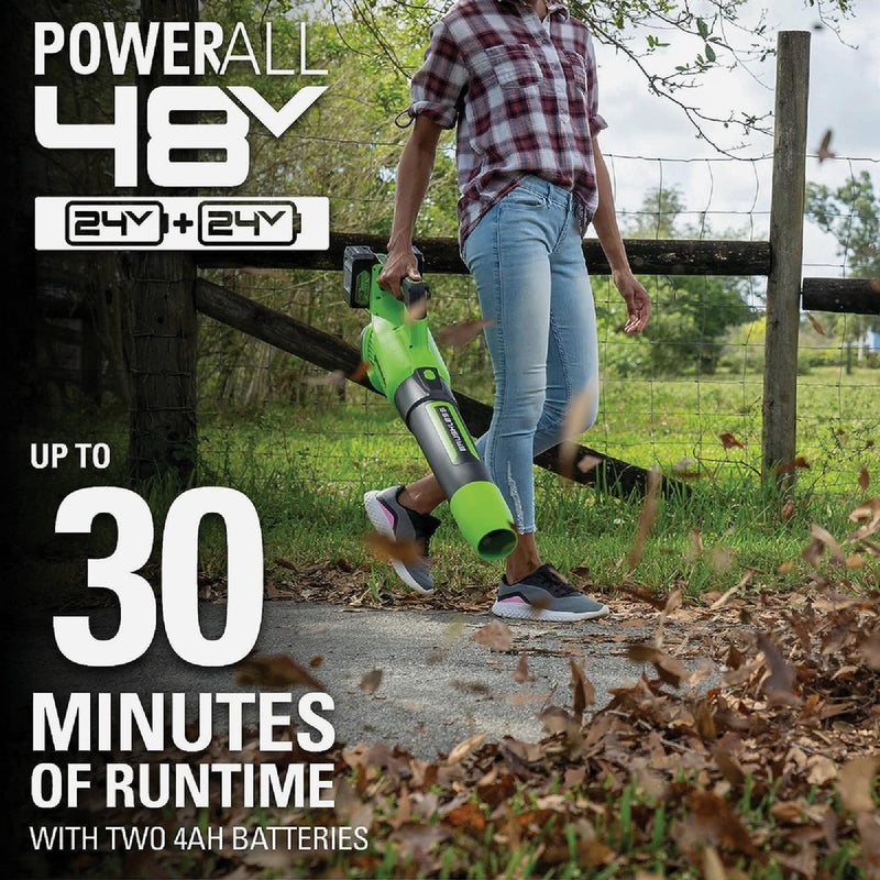 Greenworks 24V (2 x 24V) 585 CFM 140 MPH Axial Leaf Blower with (2) 4.0 Ah Batteries & Charger
