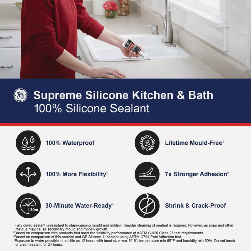 GE Supreme Silicone Kitchen & Bath Sealant, Clear, 10.1  Oz. Cartridge