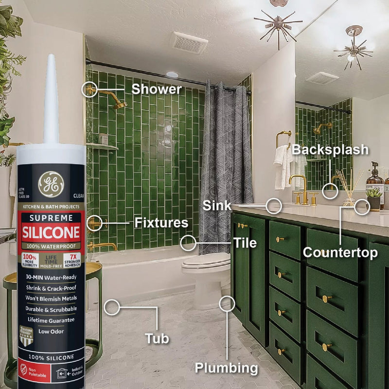 GE Supreme Silicone Kitchen & Bath Sealant, Clear, 10.1  Oz. Cartridge