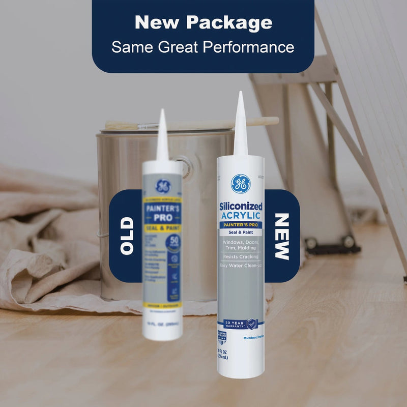 GE Siliconized Acrylic Painters Pro Seal & Paint Sealant, White, 10 Oz. Cartridge