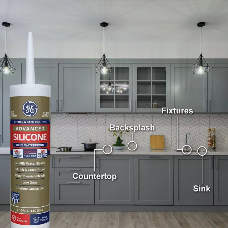 GE Advanced Silicone Kitchen & Bath Sealant, Almond, 10.1  Oz. Cartridge