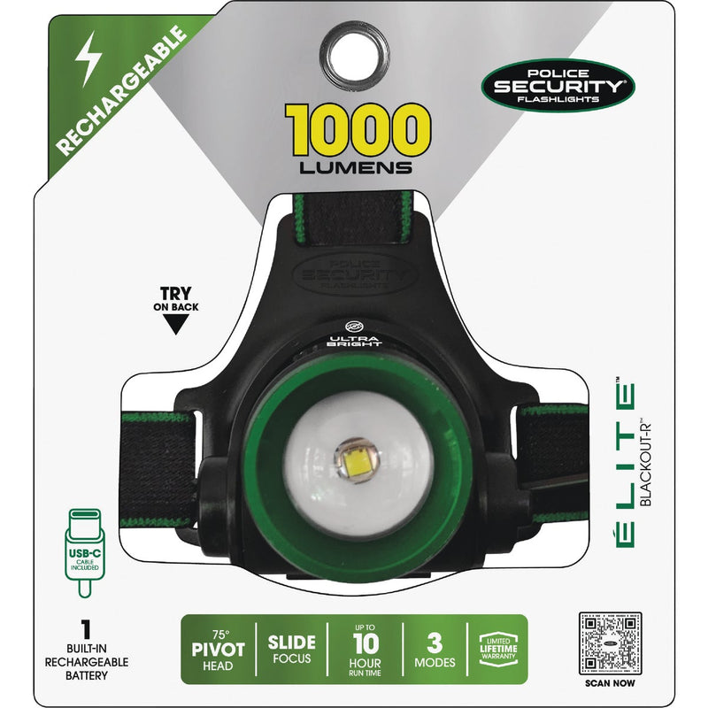 Police Security Blackout 1000 Lm. LED Rechargeable Focusing Hardhat Compatible Headlamp